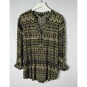 Cocomo Shirt Womens Size 2X Pintuck Top Black Green‎ Studs 3/4 Sleeve Stretchy